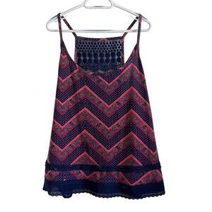 Belle du Jour Sleeveless Boho Crochet Back Tank – Size 3X – Navy & Coral Print